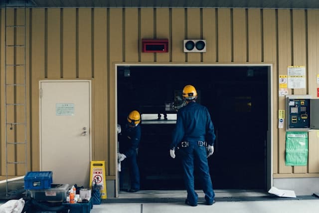 Commercial rolling steel door at a warehouse loading dock