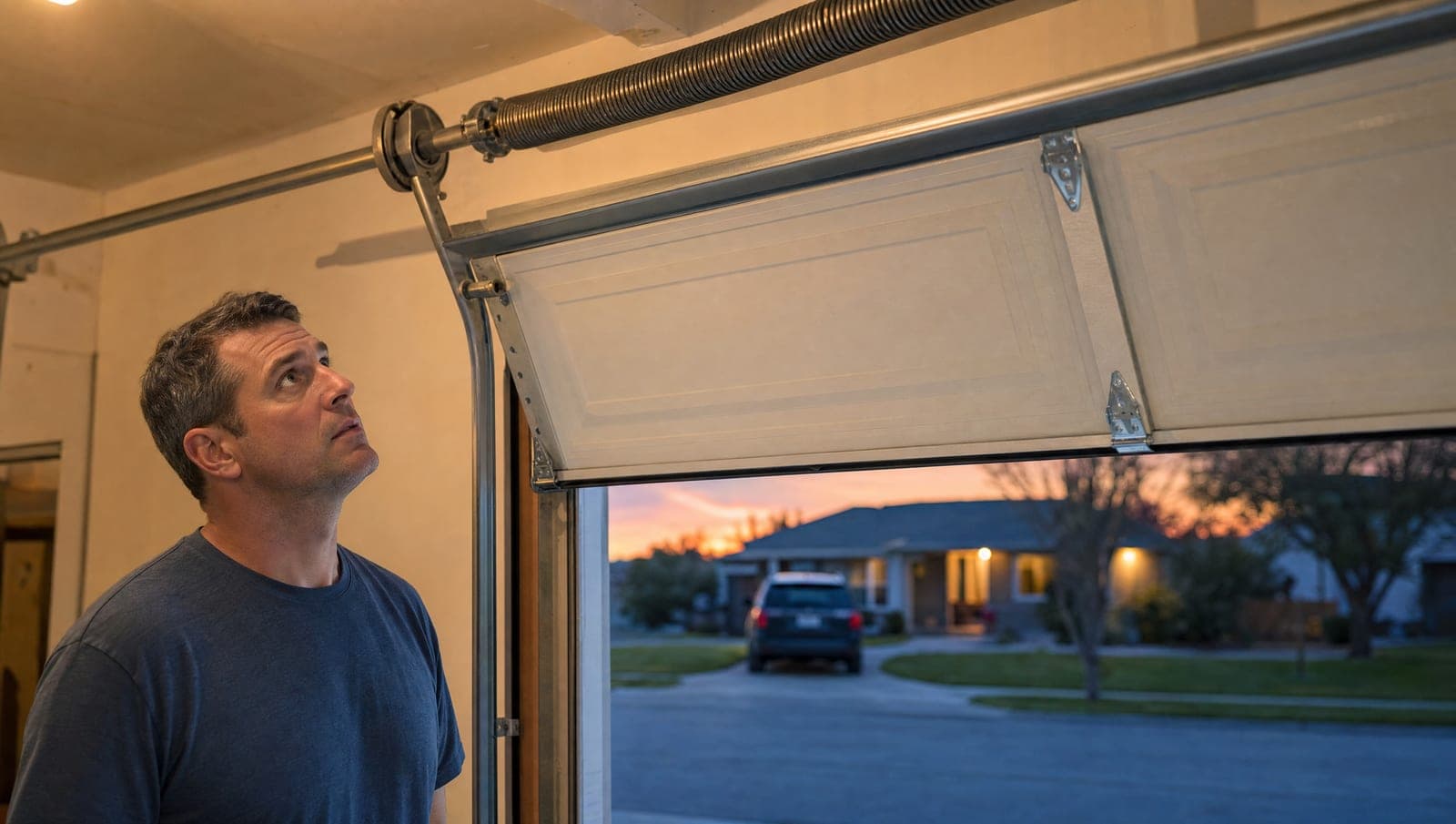 Homeowner in a garage looking up at a partly open sectional garage door and its overhead spring and track