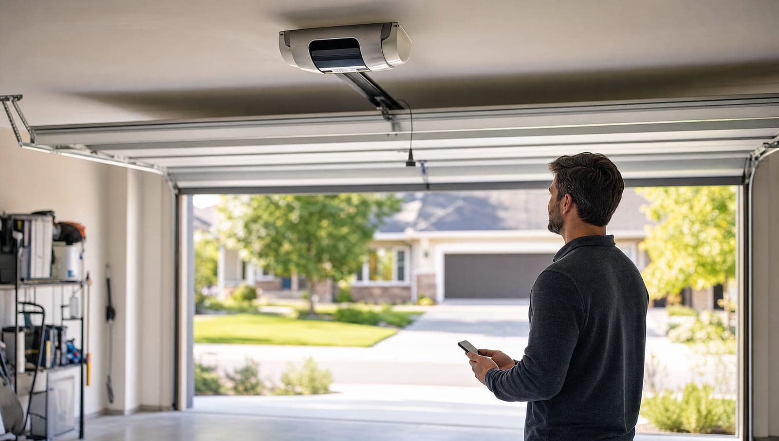 Homeowner using a smartphone in a residential garage with a ceiling-mounted smart opener