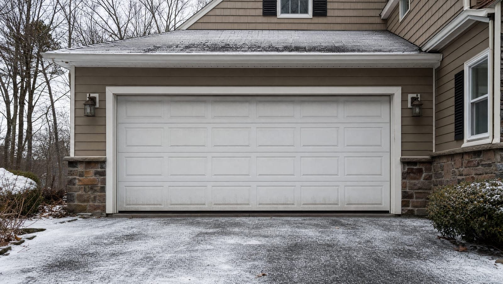 Closed residential two-car garage door on a North Jersey home with snow and road salt on the driveway in late fall